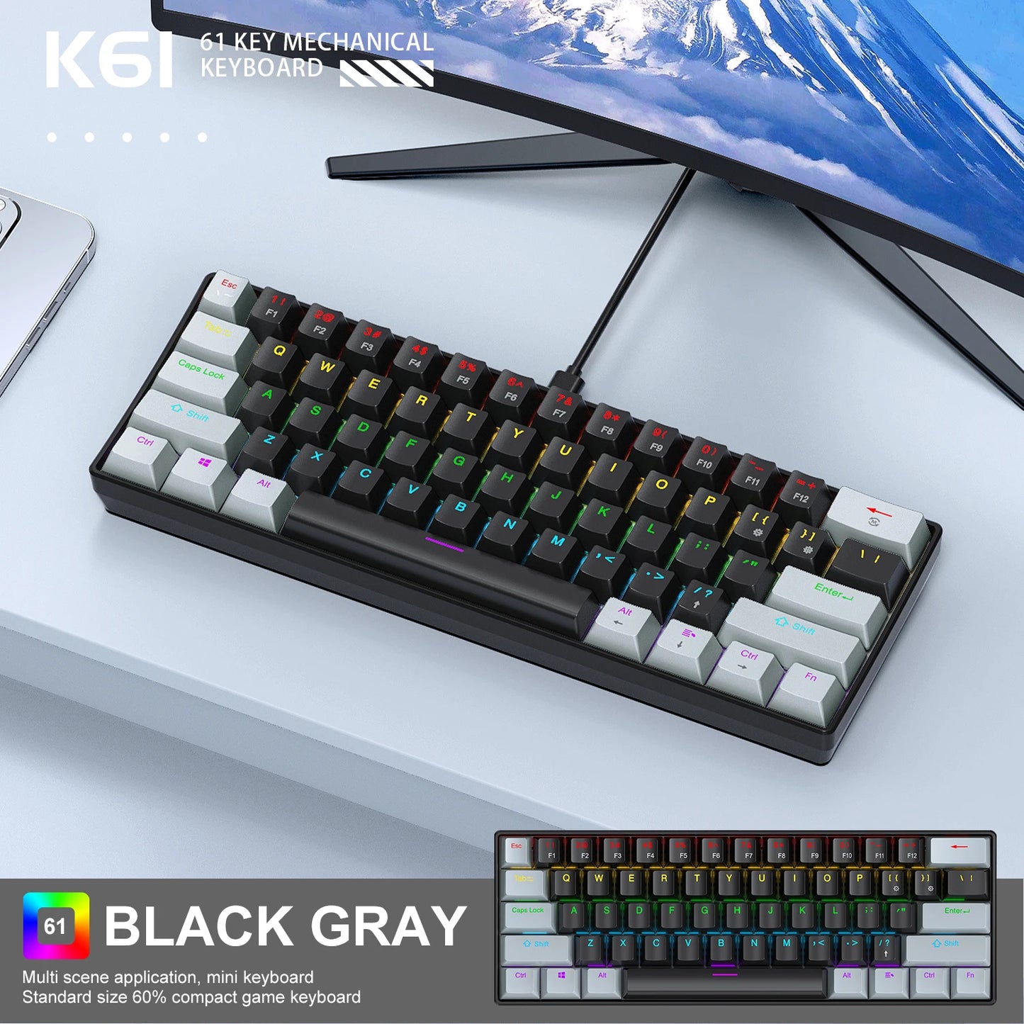 Clavier Mécanique APAYADO K61 – 60% RGB, 61 Touches, Filaire USB-C