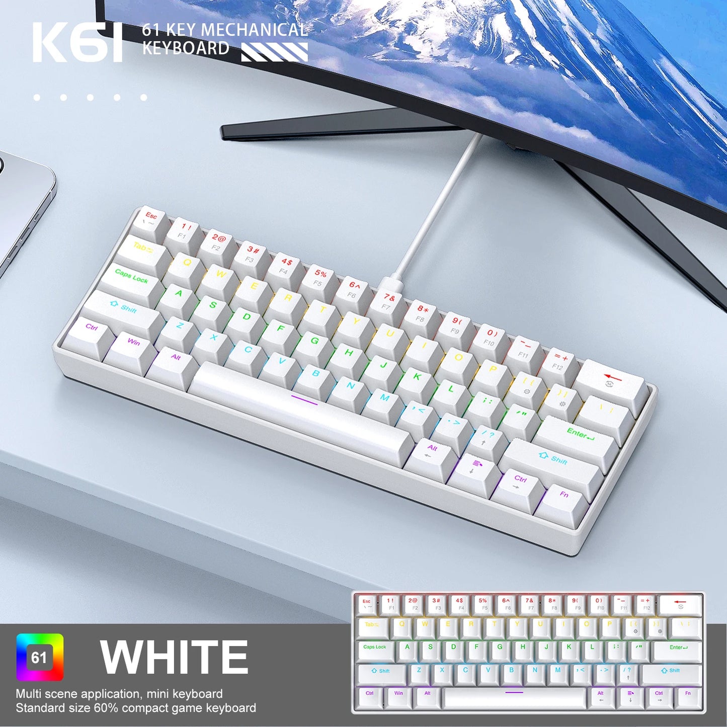 Clavier Mécanique APAYADO K61 – 60% RGB, 61 Touches, Filaire USB-C